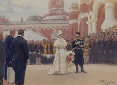 Mikołaj II odbierający starostów wiejskich 18 maja 1896 r. na dziedzińcu Pałacu Pietrowskich w Moskwie, 1897 r. autorstwa Ilya Efimovich Repin