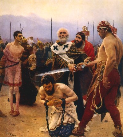 Św. Mikołaj ratujący troje niewinnych przed egzekucją, ok. 1888 r. autorstwa Ilya Efimovich Repin