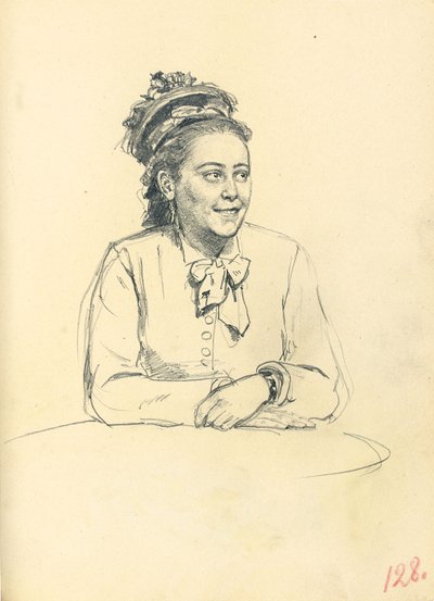 Studium do "Kawiarni paryskiej": Siedząca kobieta z kokardą i założonymi rękami, ok. godz. 1872-1875 autorstwa Ilya Efimovich Repin