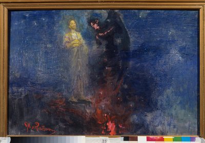 Odejdź, Szatanie! (Idź stąd, Szatanie!). (Jezus Chrystus odpycha diabła w nocnym krajobrazie). Obraz Ilya Repina (Ilia Repin) (1844-1930), olej na płótnie, po 1850 r. Sztuka rosyjska autorstwa Ilya Efimovich Repin