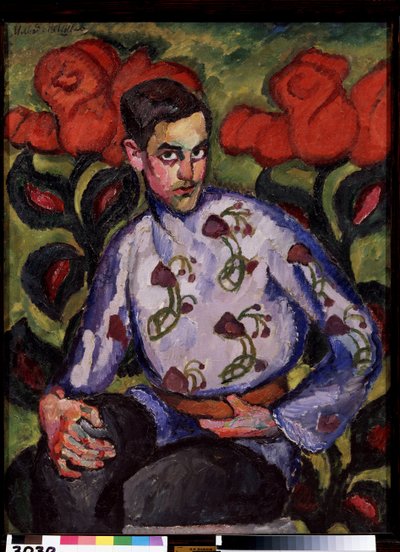 Portret Chłopca W Koszuli Z Kwiatami. Malarstwo Ilyi Ivanovich Mashkov (Ilia Mashkov, Matchkov) (1881-1944), olej na płótnie autorstwa Ilya Ivanovich Mashkov