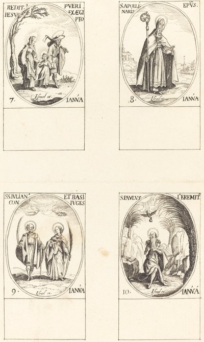 Powrót z Egiptu; św. Apollinaire; św. Juliana i Bazylisy; Św. Paweł Pustelnik autorstwa Imitator of Jacques Callot