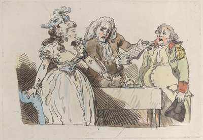 Młoda dziedziczka przygotowuje się do podpisania dokumentu, 1780-1800., 1780-1800. autorstwa Imitator of Thomas Rowlandson.