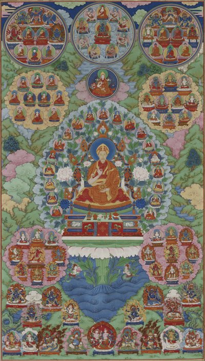 Cesarz Qianlong jako Mandziuśri, Bodhisattwa Mądrości, dynastia Qing (atrament, kolor i złoto na jedwabiu) autorstwa Imperial Workshop