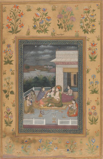 Para na tarasie w otoczeniu obsługi i muzyków autorstwa Indian 18th Century