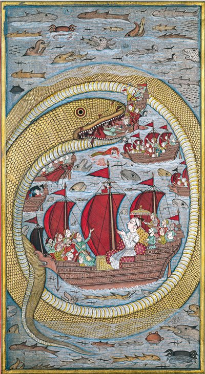 Wąż morski połyka flotę królewską, 1670 autorstwa Indian Art