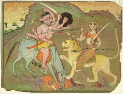 47.110/174 Durga w walce z Mahishasurą, z folio „Devi Mahatmya”, Devanagari, Tekst o rzekach, Bikaner, Radżastan, szkoła Radźput autorstwa Indian School
