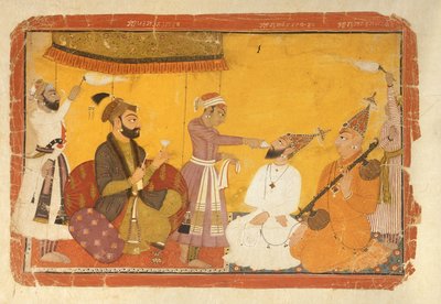 ]7.110359 Gosain Narayan zażywa truciznę w obecności cesarza Jahangira, Nurpur, Szkoła Pahari, 1725 autorstwa Indian School