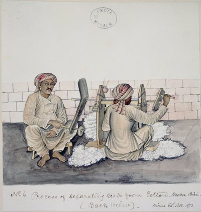 AS10 Vol.52 ff.3 4896.cat.201 i-iv Dwóch mężczyzn ginning cotton, Bombaj, ok.1873 (akwarela na papierze) autorstwa Indian School