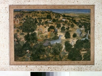 AURANGZEB: Awrangzib Hunts Nilgais, ok. 1660 (miniatura) autorstwa Indian School