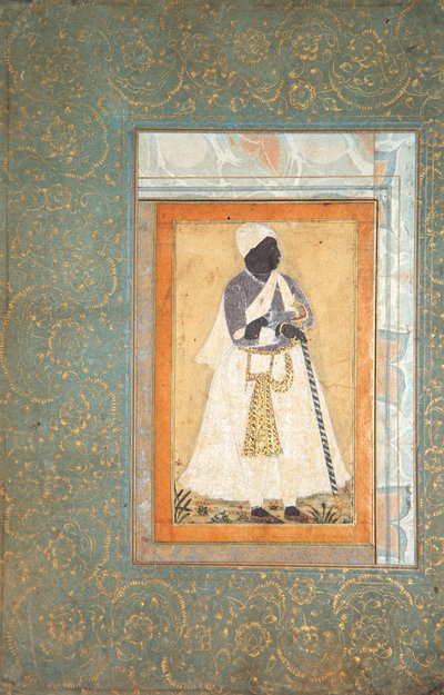 Czarny mężczyzna opiera się na długim kiju, ok. 1682 (nieprzezroczysta toaleta i złoto na papierze) autorstwa Indian School