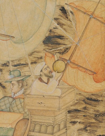 Karawela zaatakowana przez potwora morskiego, Mogołów Indie, ok. 1590 (nieprzezroczyste pigmenty wzmocnione złotem i srebrem na papierze) autorstwa Indian School