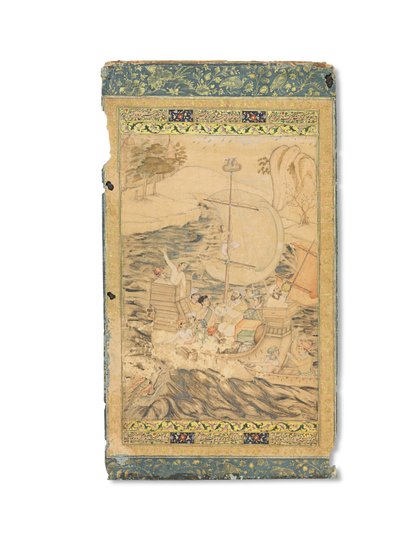 Karawela zaatakowana przez potwora morskiego, Mogołów Indie, ok. 1590 (nieprzezroczyste pigmenty wzmocnione złotem i srebrem na papierze) autorstwa Indian School