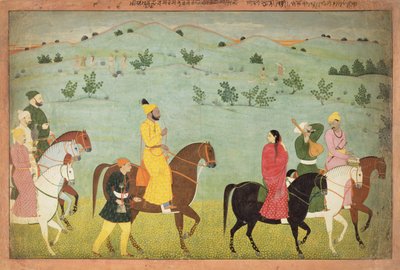 Książę Jasrota, prawdopodobnie Balwant Singh, na wyprawie konnej, Nainsukh (fl. 1740-50) Kaszmir, ok. 1751 autorstwa Indian School
