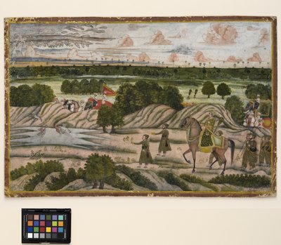 Nawab i jego pomocnicy na wyprawie myśliwskiej, ok. 1780 (nieprzezroczysta akwarela i złoto na papierze) autorstwa Indian School