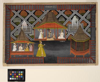 Nawab i jego synowie w pawilonie ogrodowym, ok. 1770 (nieprzezroczyste w/c, srebro i złoto na papierze) autorstwa Indian School