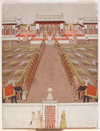 Podwórko dla Nawabów w pawilonie, poza aleją sług i dwóch słoni, ok. 1765 (nieprzezroczyste wc i złoto na papierze) autorstwa Indian School