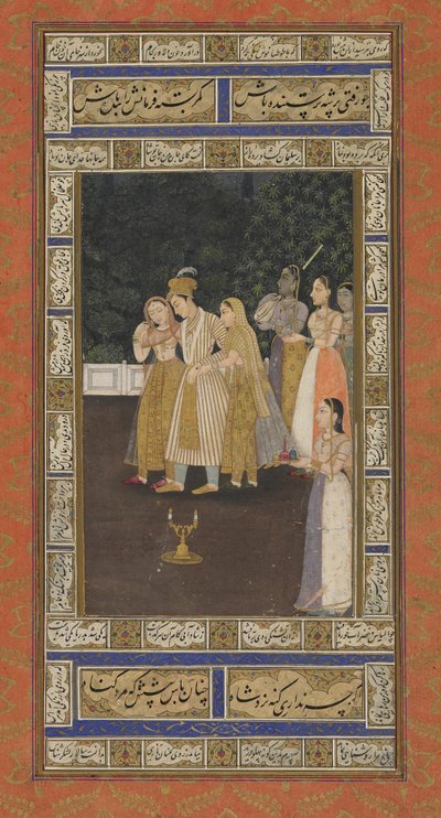 Książę ze sługami haremu, folio albumu z obrazem, początek XVIII w. (nieprzezroczysta akwarela, tusz i złoto na papierze) autorstwa Indian School