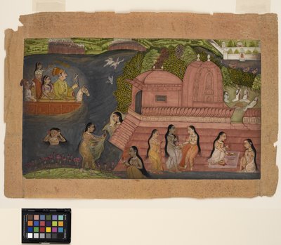 Raja sokolnik z łodzi natrafia na kąpiące się piękności przy świątyni, ok. 1695 (nieprzezroczysta akwarela i złoto na papierze) autorstwa Indian School