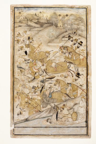 Bitwa stoczona przez Europejczyków, ok. 1700 (nieprzezroczysta toaleta i złoto na papierze) autorstwa Indian School