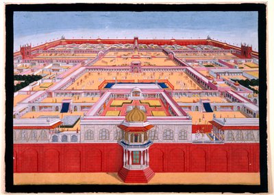Widok z lotu ptaka na Czerwony Fort w Delhi od wschodu, przedstawiający cesarza, prawdopodobnie Shah Alama (1759-1806), wchodzącego do Diwan-i-Khas po prawej stronie, ok. 1780-90 (nieprzezroczysta akwarela)) autorstwa Indian School