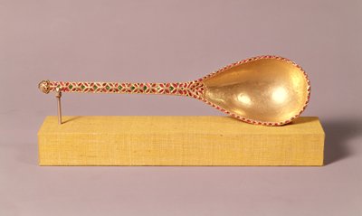 Uroczysta łyżka wysadzana rubinami, szmaragdami i diamentem, Mogołów (złoto i kamienie szlachetne) autorstwa Indian School