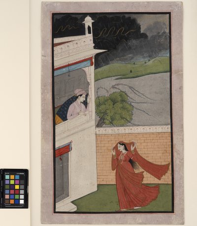 Pani przychodzi do domu kochanka podczas ulewy, ok. 1830 r. (nieprzezroczyste w/c i złoto na papierze) autorstwa Indian School