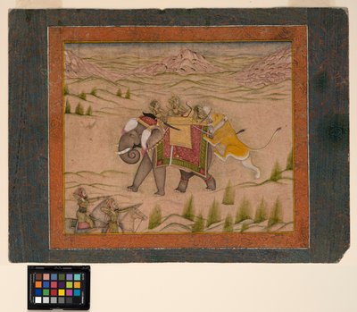 Lew atakuje grupę myśliwską na słoniu, ok. 1810 (nieprzezroczysta akwarela i złoto na papierze) autorstwa Indian School