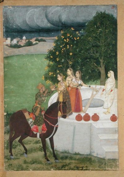Książę na koniu otrzymujący wodę od kobiet przy studni, miniatura z Murshidabadu, ok. 1760 (gwasz na papierze) autorstwa Indian School