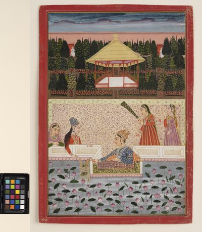 Książę i księżniczka bawią się zimnymi ogniami przy basenie z lotosem, ok. 1760 (nieprzezroczysta akwarela i złoto na papierze) autorstwa Indian School