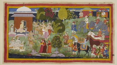 Dodaj 15296 (1) f.108r, Bharadvaja, siedzący na zewnątrz swojej chaty z innymi ascetami i jeleniami, pyta książąt, czy cieszyli się jego gościnnością. Mówi im i ich towarzyszom, że Rama mieszka w Citrakucie. Na jego prośbę książęta intr autorstwa Indian School