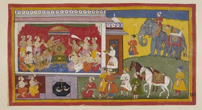 Dodaj 15296 (1) f.129r, W sali tronowej w NandigRama Bharata umieszcza na tronie sandały Ramy i wraz ze zgromadzonymi kapłanami i ministrami zakłada je jako władcę Ajodhja. Odtąd są traktowani jak sam Rama. Dwóch książąt w ich autorstwa Indian School