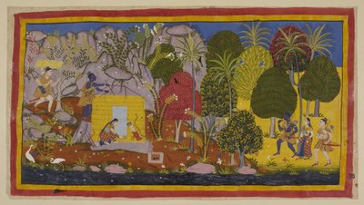 Dodaj 15296 (1) f.70r, Trzej wygnańcy zbliżają się do Citrakuty z prawej strony wzdłuż brzegów rzeki Yamuna. Rama podziwia kwitnące drzewa i rośliny pokrywające górę. Po lewej, na płaskiej przestrzeni w pobliżu rzeki, dwaj bracia budują hu autorstwa Indian School