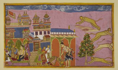 Dodaj 15296 (2) f.38r, Laksmana wchodzi do pałacu Sugrivy i zostaje przyjęty przez tego ostatniego, kłaniając się do ziemi, a za nim jego ministrowie. Obaj są pojednani. Po lewej Sugriva i Laksmana rozmawiają na kanapie. Sugriva każe Hanumanowi wezwać hi autorstwa Indian School