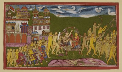 Dodaj 15296 (2) f.43r, Sugriva i Laksmana są przewożone w złotym miocie, niesionym przez małpy, z Kiskindha autorstwa Indian School