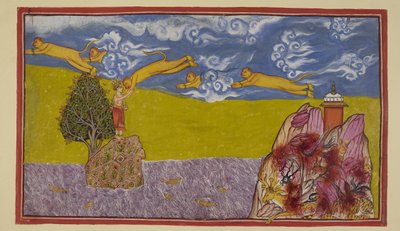 Dodaj 15296 (2) f.84r, Niezrażony szerokością oceanu, Hanuman pęcznieje do ogromnych rozmiarów i, używając wciąż płonącej góry Mahendra jako wyrzutni, rzuca się w kosmos i przez ocean do wyspiarskiego królestwa La ?k? . Ocean zachęca autorstwa Indian School