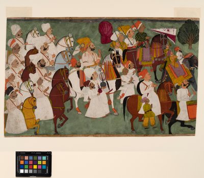 Akhi Singh jedzie ze swoją świtą, ok. 1750 (nieprzezroczysta akwarela i złoto na papierze) autorstwa Indian School