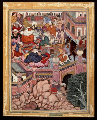 Amr, przebrany za chirurga Mazmahila, praktykuje szarlatanerię na czarodziejach z Antali, ca. 1570 (nieprzezroczysta akwarela i złoto na bawełnie) autorstwa Indian School
