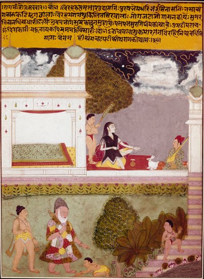 Asceta słucha muzyki na tarasie miniaturowego pałacu szkoły indyjskiej, ok. 1760 r. Kolekcja prywatna autorstwa Indian School