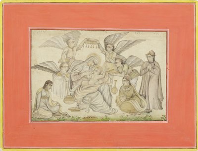 Angels Attend Mary and Jesus, ok. 1665 (nieprzezroczysta toaleta i złoto na papierze) autorstwa Indian School