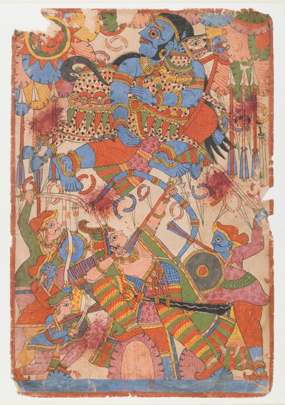Bohaterski wyczyn Ardżuny w bitwie, z serii Mahabharata, ok. 1830-50 (tusz i kolor na papierze) autorstwa Indian School