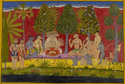 Zdumiony siłą Bali, Rāvaṇa oferuje przyjaźń; siedzą razem żując paan autorstwa Indian School