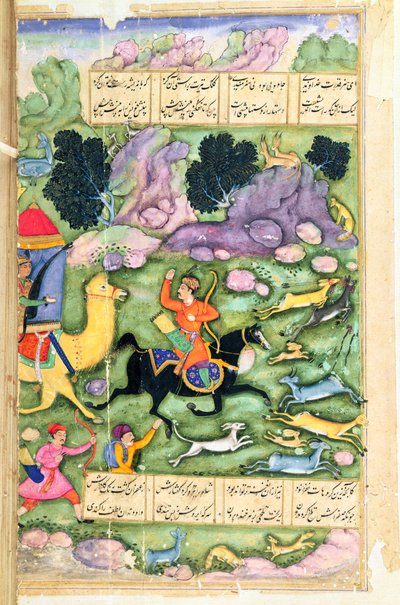 Bahram Gur pokazuje swoją waleczność podczas polowania z Azad, folio 107a, z Ośmiu rajów, napisany przez Amira Khusrau Dihlavi (1253-1325) na podstawie opowiadania z Khamsa (Kwintetu) Nizami, Mogołów autorstwa Indian School