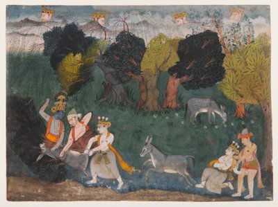 Balarama zabija demona osła, strona z rozproszonej serii Bhagavata Purana, ok. 1725 r. (nieprzezroczysta akwarela i srebro na papierze) autorstwa Indian School