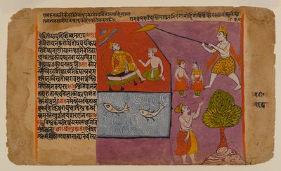 Balarama Ciągnięcie Hastinapur w kierunku Gangesu, strona z serii Bhagavata Dasamskanda, połowa XVII wieku (toaleta, złoto i srebro na papierze) autorstwa Indian School