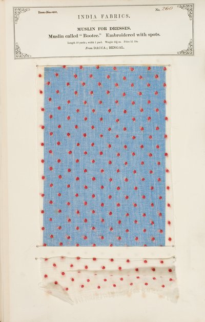 Próbka muślinu Bootee haftowana plamami z Dacca w Bengalu, z The Collection of the Textile Manufacturers of India, Johna Forbesa Watsona, opublikowanej w 1866 roku autorstwa Indian School