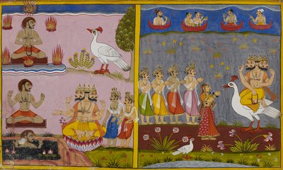 Brahma obdarza Kumbhakarnę niekończącym się snem, a Bibhīṣaṇa dobrodziejstwem prawości. autorstwa Indian School