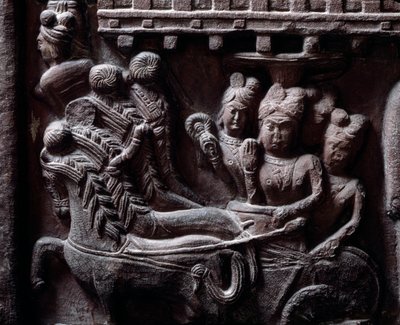 Buddyzm: „”Ostatnia wizyta Prasenjita u Buddy” (Ostatnia wizyta Prasanjita u Buddy) detail du stupa de Bharhut (Barhut, Barouth) Płaskorzeźba z czarnego kamienia, II wpne (II wpne) - Kalkuta, muzeum indyjskie autorstwa Indian School