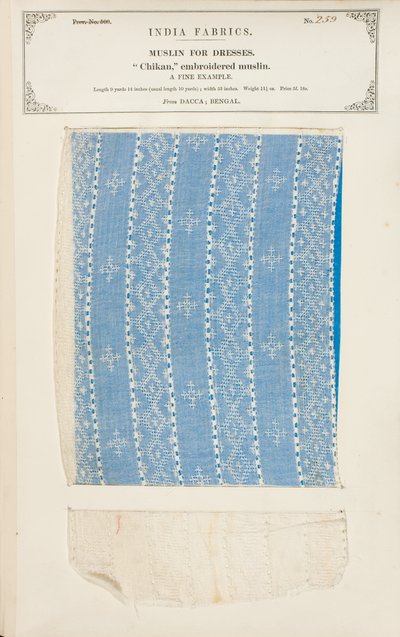 Próbka muślinu haftowanego Chikan z Dacca w Bengalu, z The Collection of the Textile Manufacturers of India, autorstwa Johna Forbesa Watsona, opublikowana w 1866 roku autorstwa Indian School