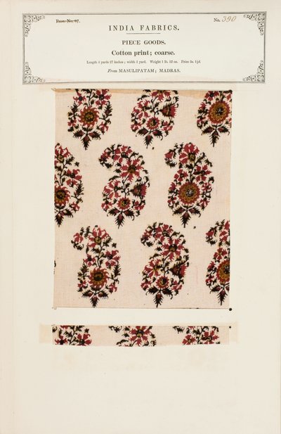 Próbka z grubej bawełny z Masulipatam w Madrasie, z The Collection of the Textile Manufacturers of India, autorstwa Johna Forbesa Watsona, opublikowana w 1866 r. autorstwa Indian School